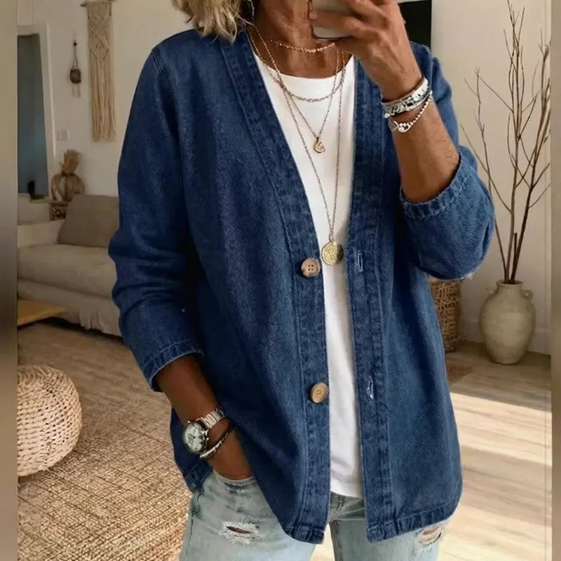 🧥 50% OFF NOW! ✨ Women's Classic Button Front Denim Jacket – V-Neck, Breathable Fabric & Relaxed Fit 💙