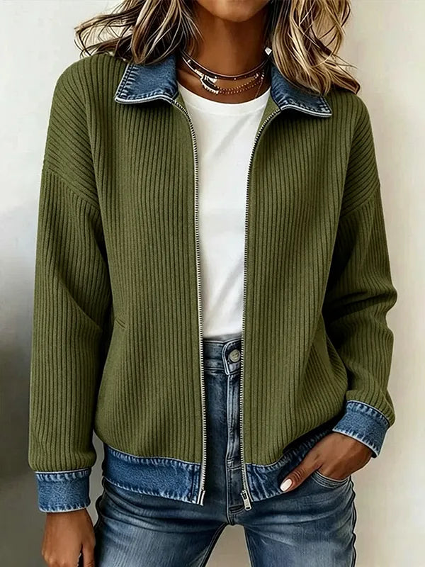 🎁New Arrivals 🔥Women's Casual Ribbed Knit Zip-Up Jacket with Contrast Denim Details