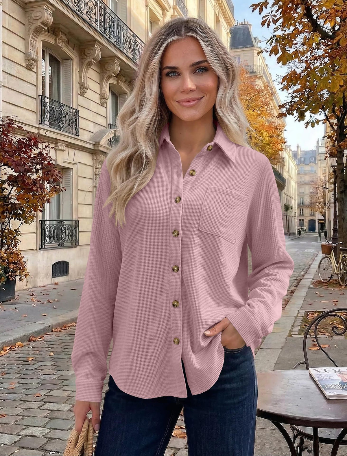 Womens Waffle Knit Shacket Button Down Long Sleeve Tops with Pocket