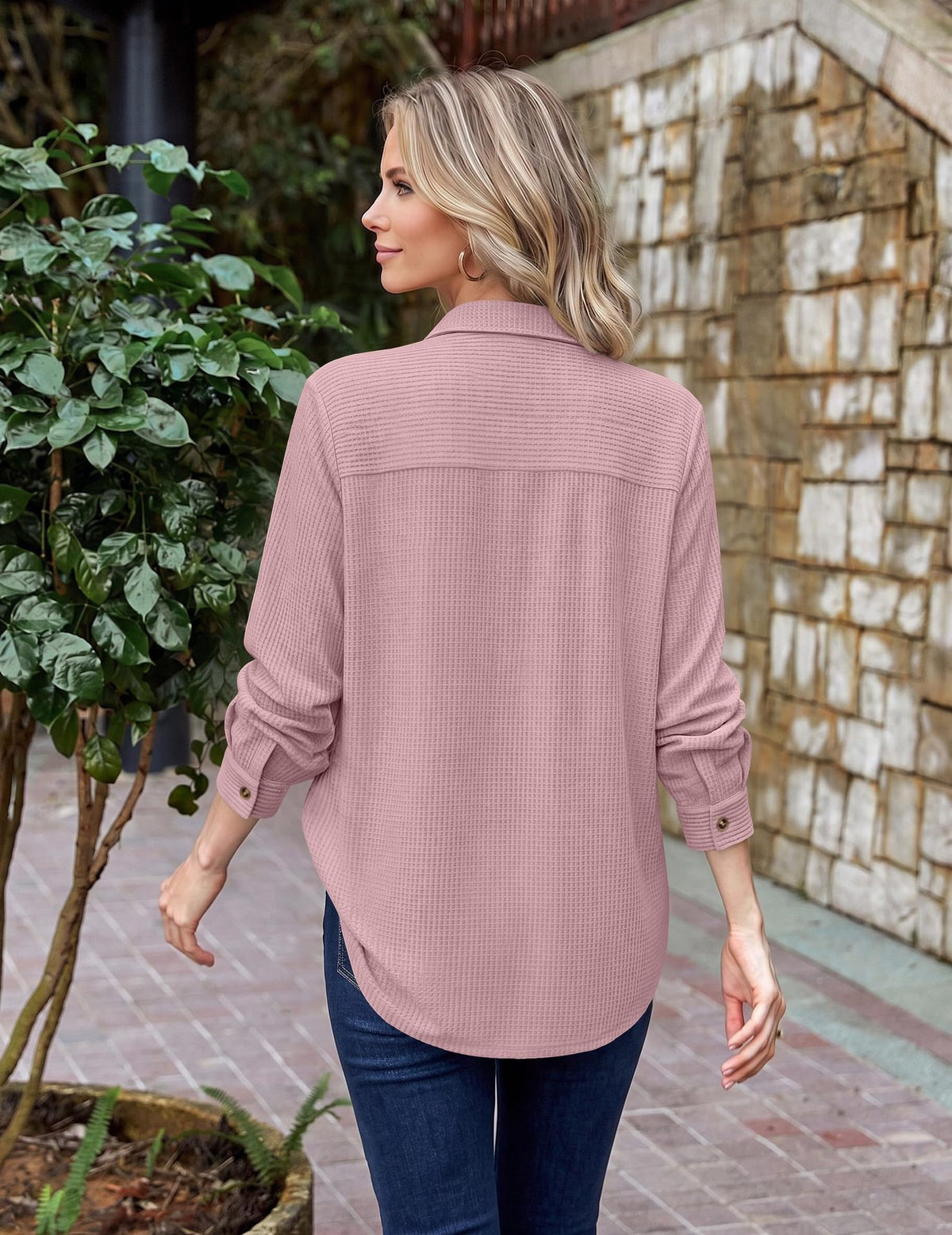 Womens Waffle Knit Shacket Button Down Long Sleeve Tops with Pocket