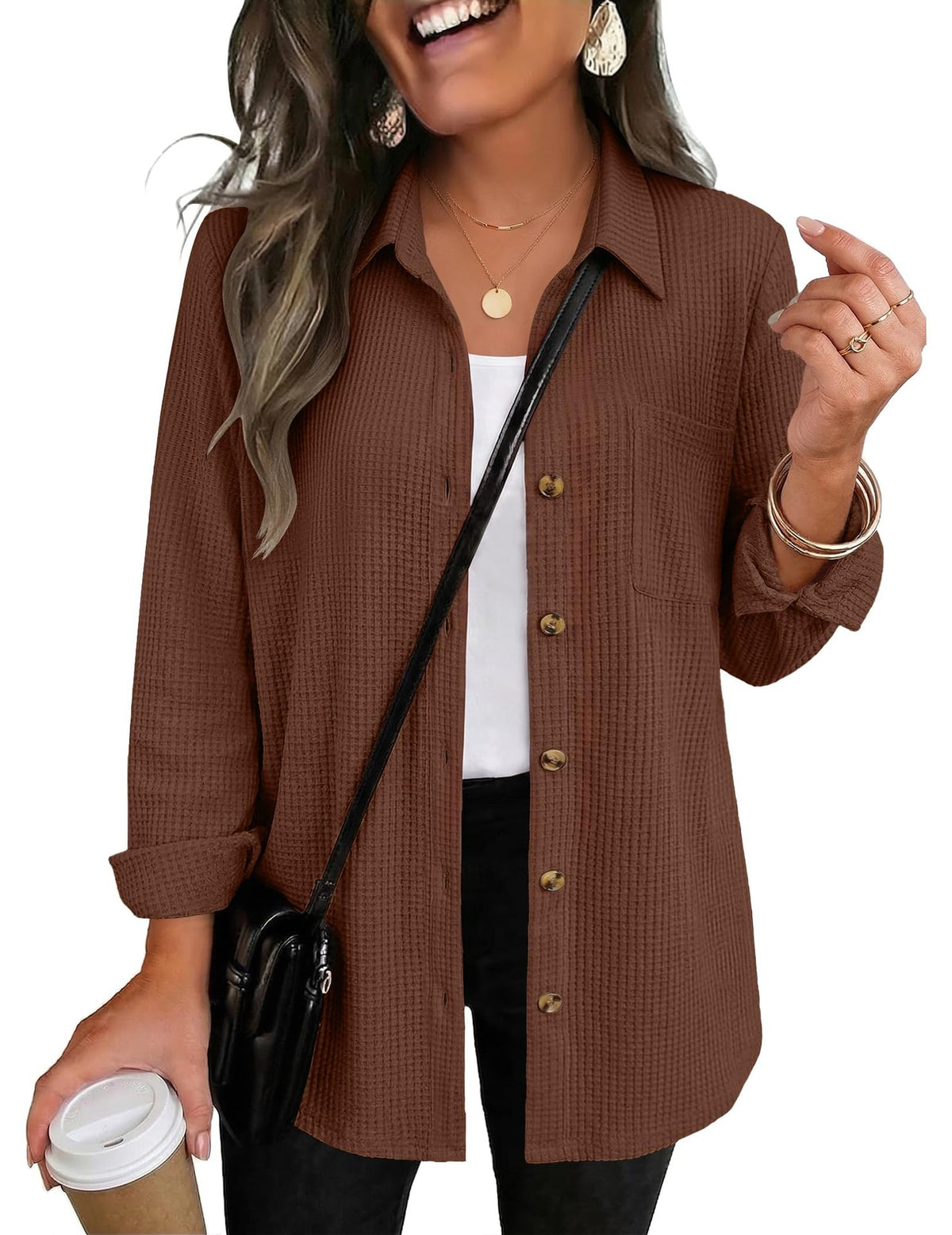Womens Waffle Knit Shacket Button Down Long Sleeve Tops with Pocket
