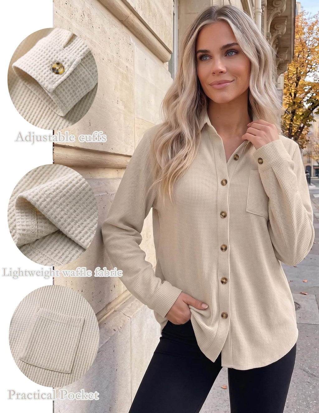 Womens Waffle Knit Shacket Button Down Long Sleeve Tops with Pocket