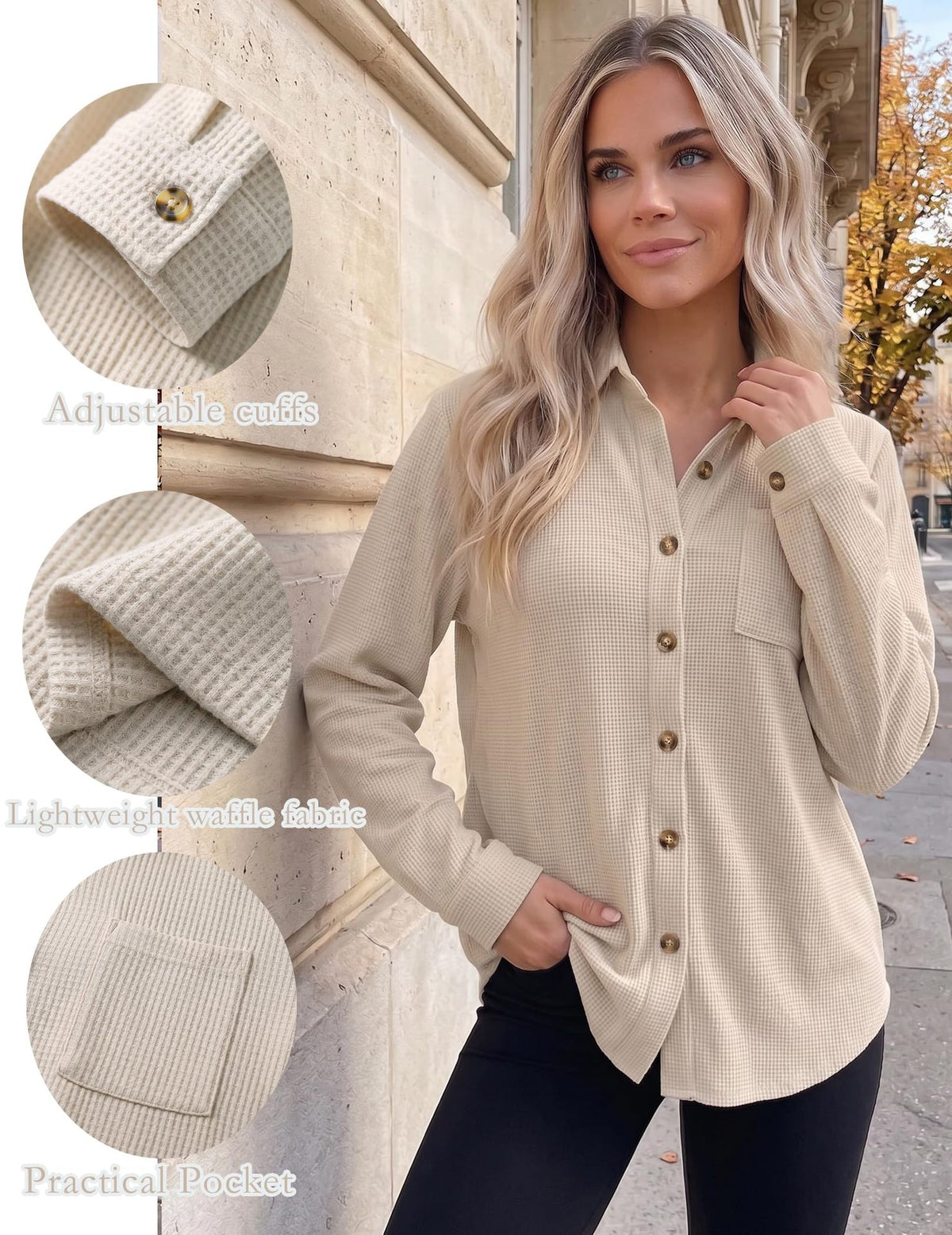 Womens Waffle Knit Shacket Button Down Long Sleeve Tops with Pocket