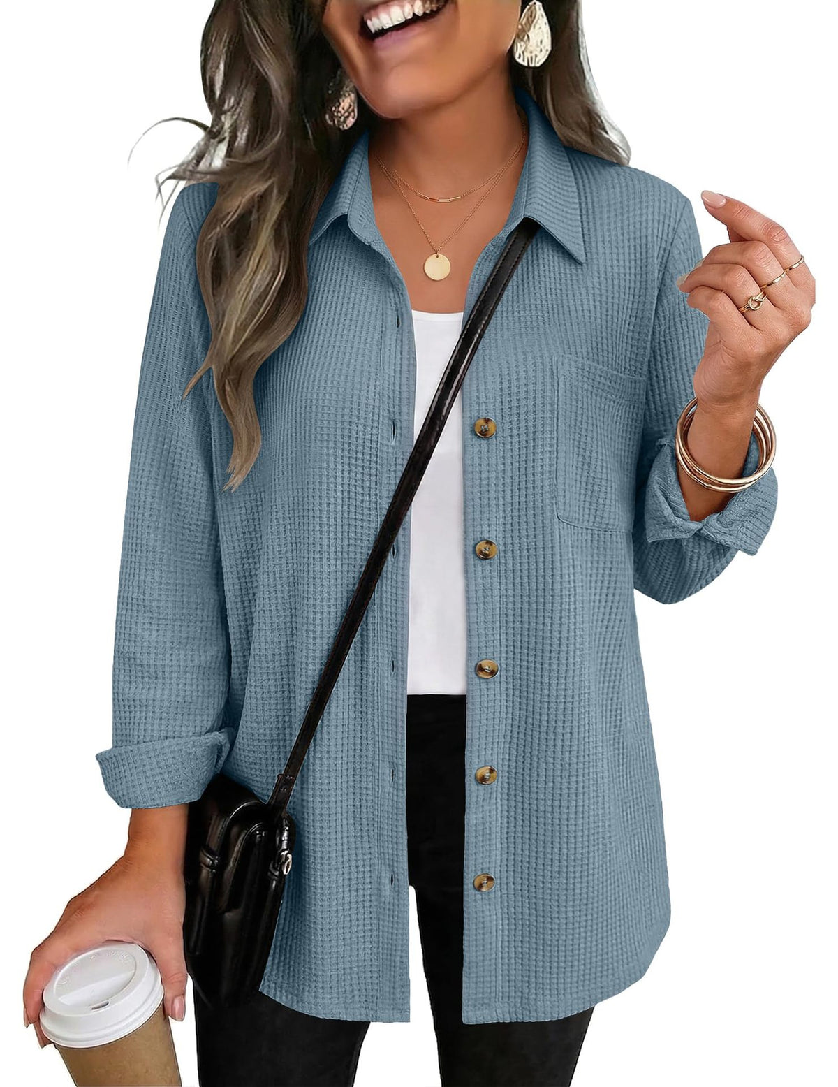 Womens Waffle Knit Shacket Button Down Long Sleeve Tops with Pocket